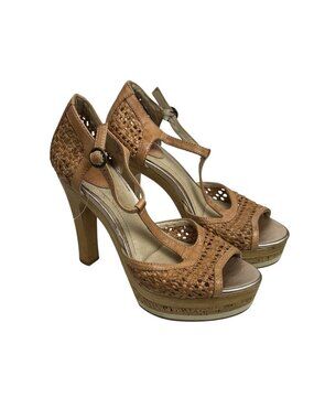 Frye Kara Woven T Strap Cork Platform Wooden Heel Sandal Womens 7M Leather Upper